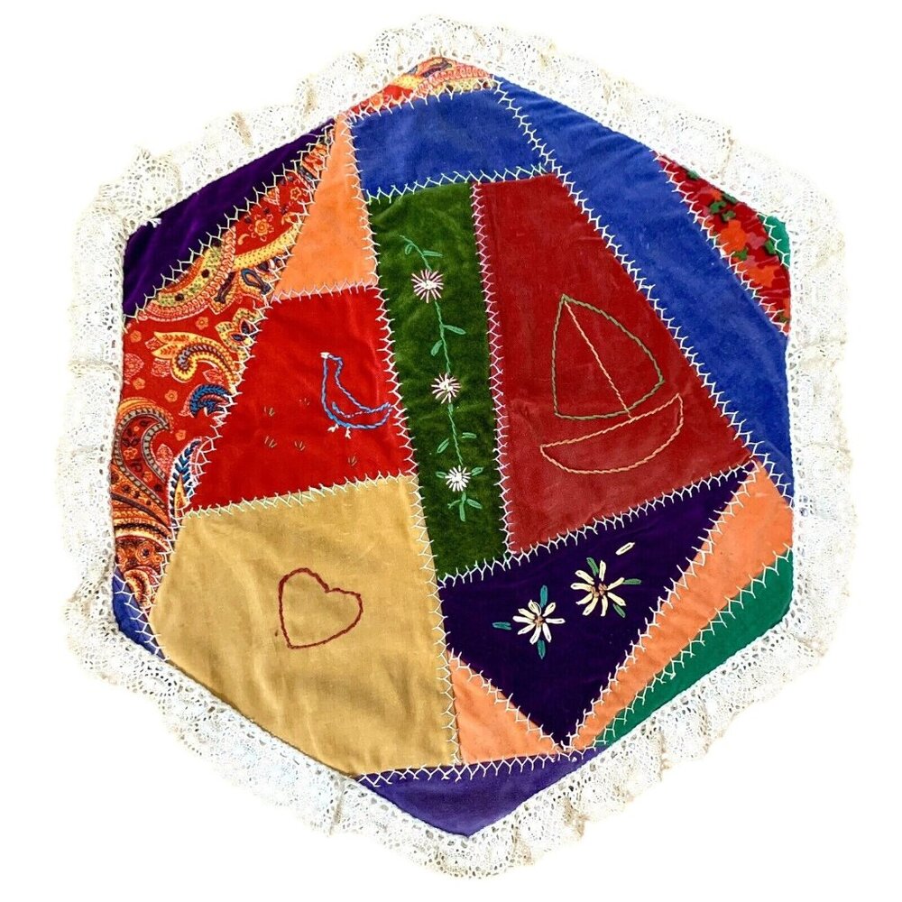 Crazy Quilt Centerpiece Mat Placemat Handmade Patchwork Art Boho Granny Core